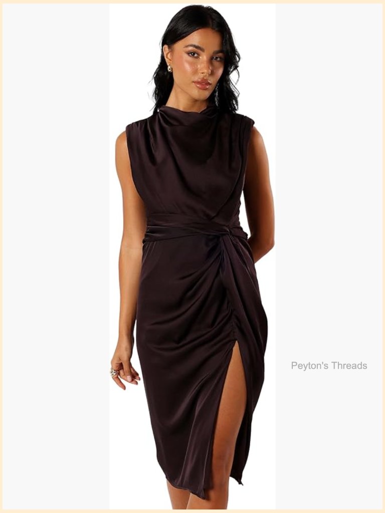 Midi Bodycon Dress With Mock Neck And Front Knot